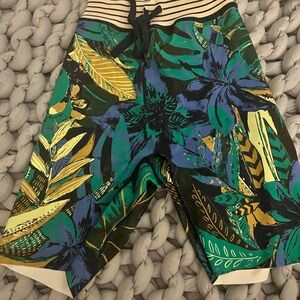 aerie Green and Blue Athletic Shorts with Tropical Print